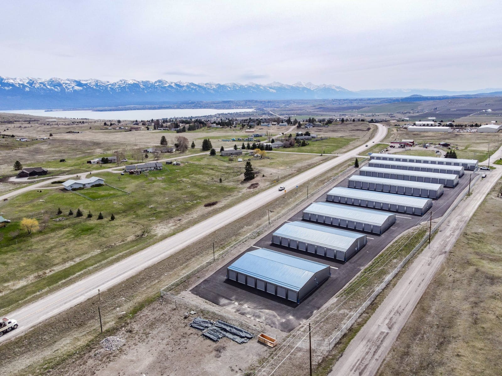 Aerial view of Lakewood Storage in Polson, Montana showing the full storage facility layout